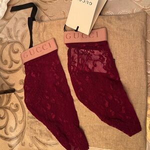 Gucci Burgundy Floral Lace Socks with Pink Trim, M